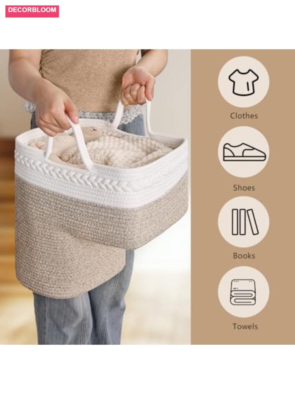 Cotton Woven Stair Basket with Handles, Large Toy Storage for Stairs, Foldable, - Picture 5 of 6